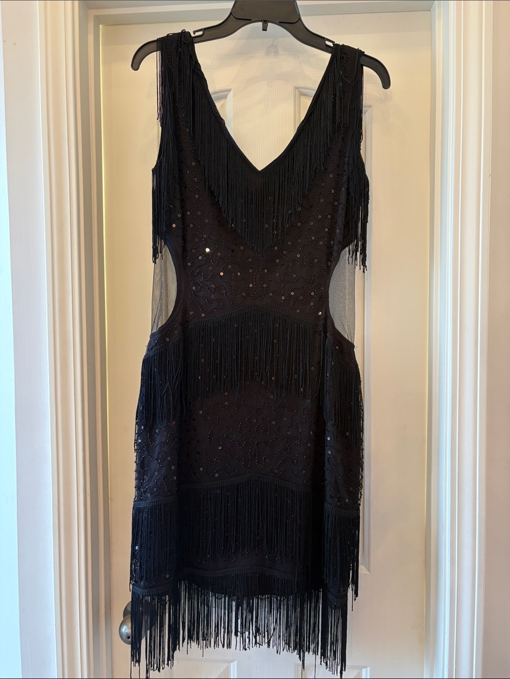 Black Fringe Sequin V-Neck Mini Dress size Medium